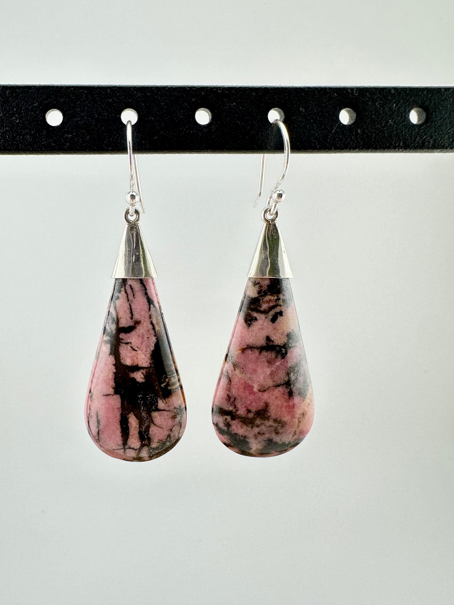Pink panther rhodonite long tear earrings