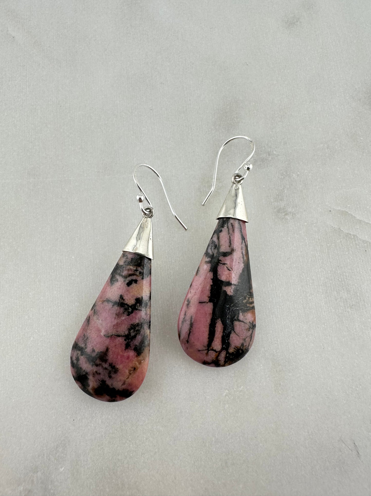 Pink panther rhodonite long tear earrings