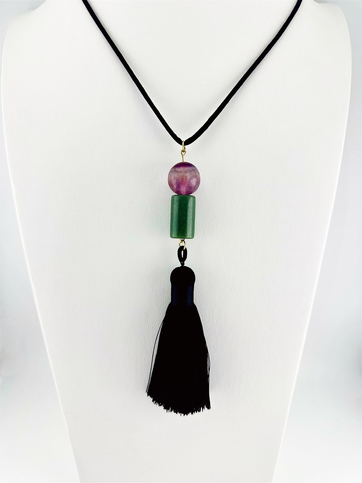 Jade & rainbow fluorite tassel necklace