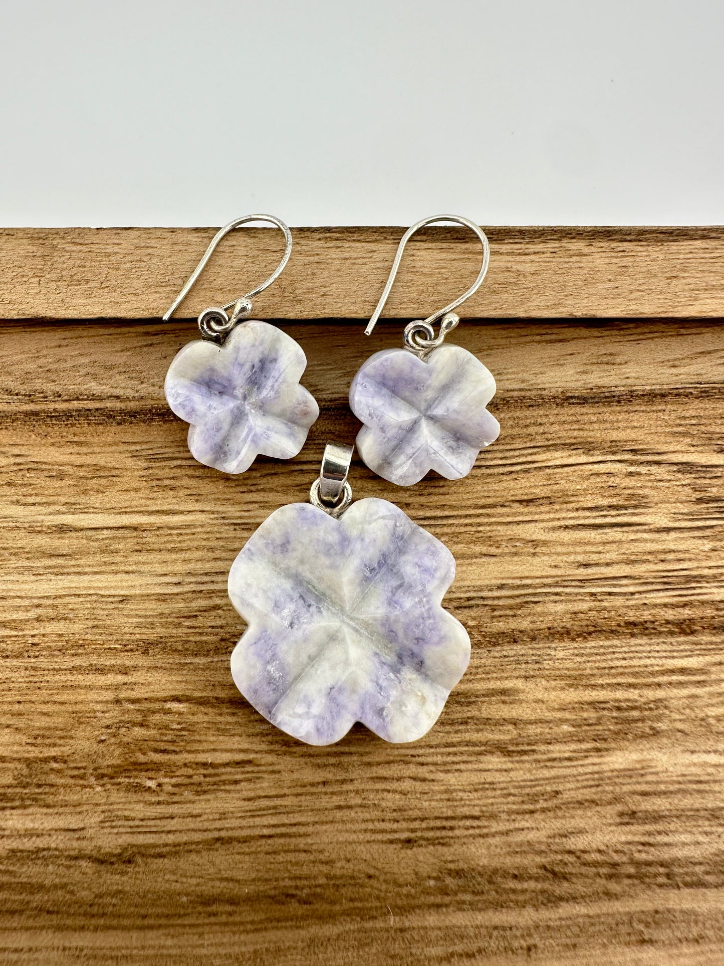 Lavender Jade earrings & pendant flower set