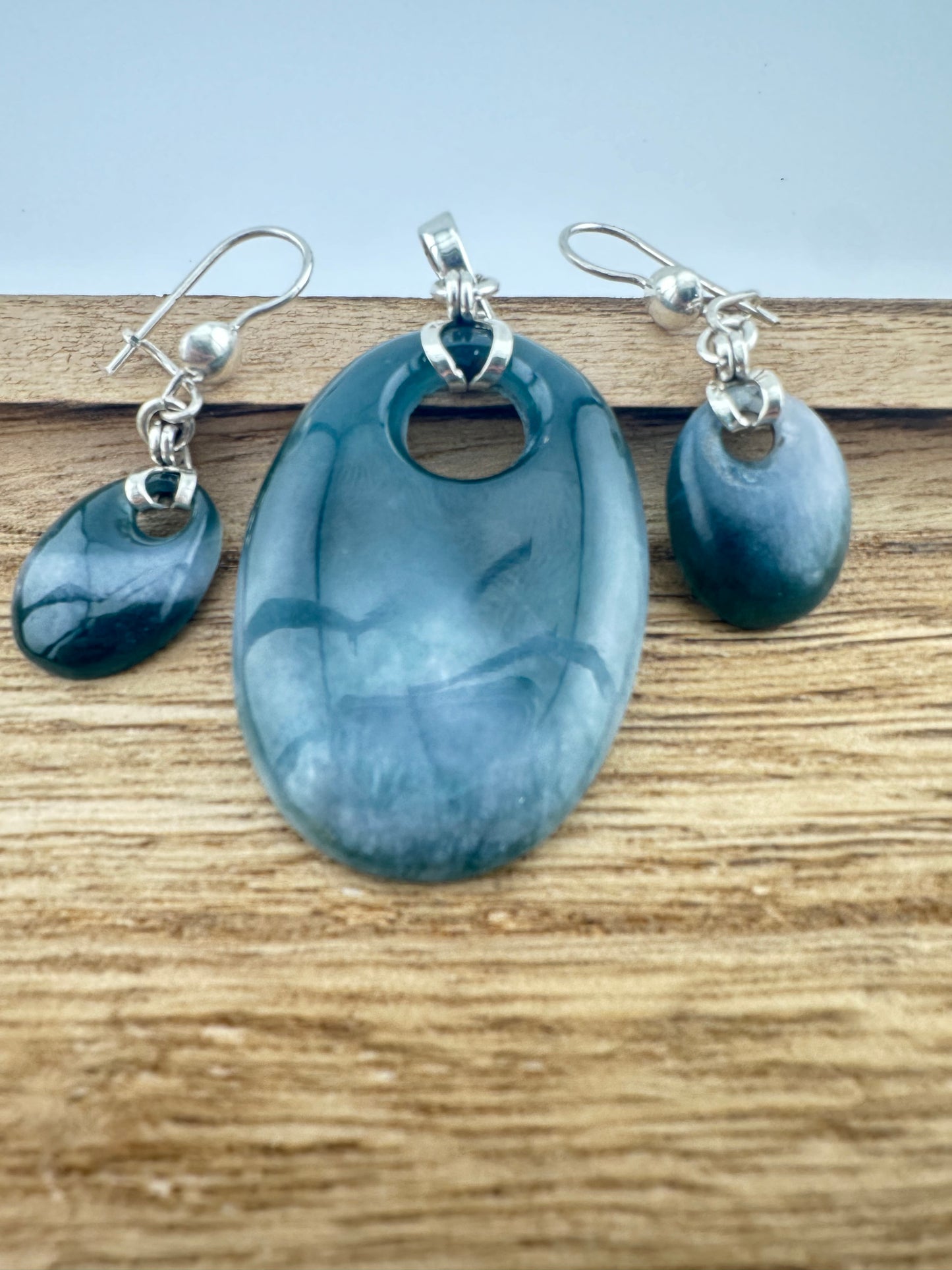 Grayed blue Jade earring and pendant set