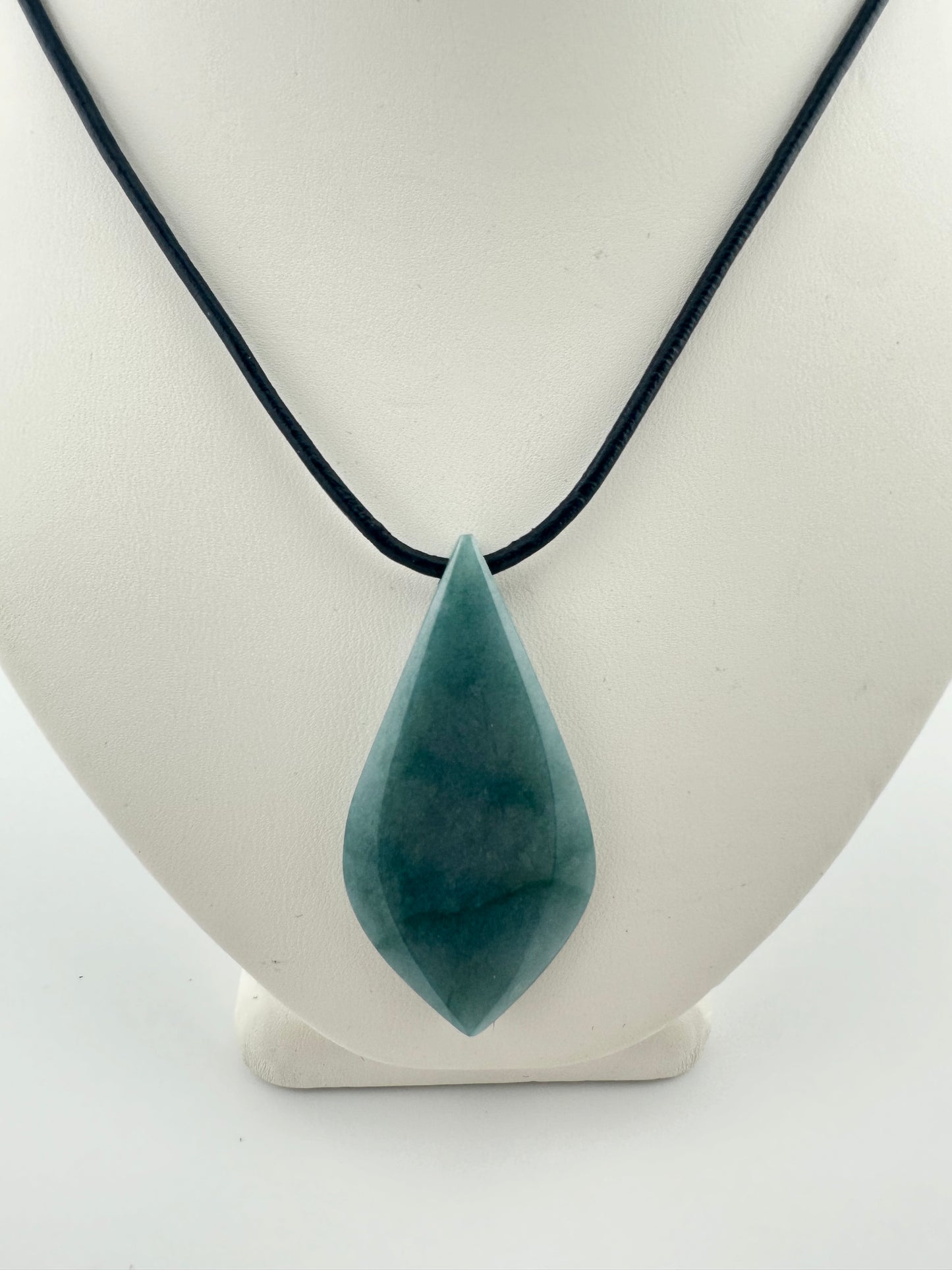 Grayed blue and green Jade tear pendant with leather necklace