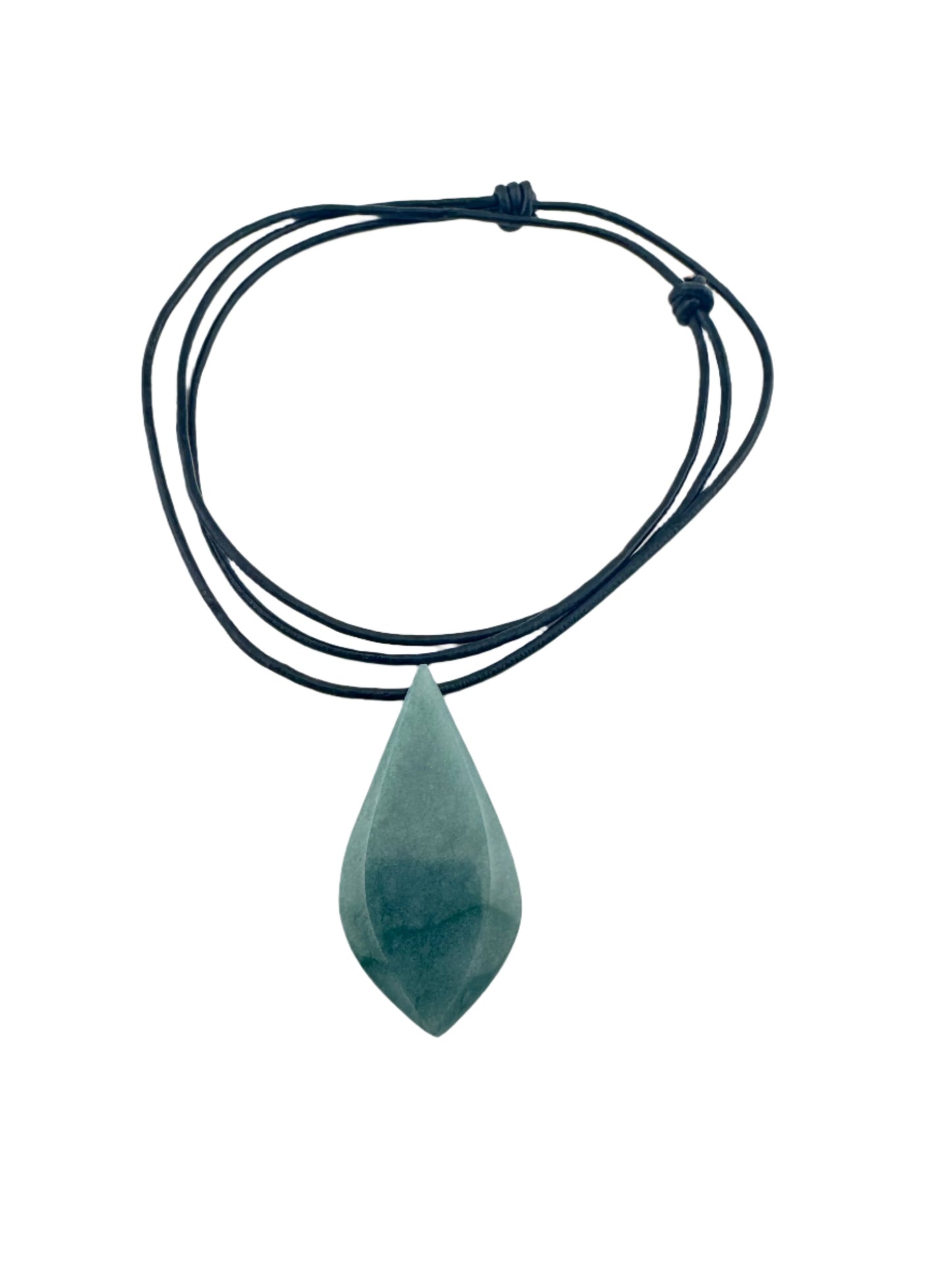 Grayed blue and green Jade tear pendant with leather necklace