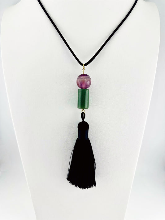 Jade & rainbow fluorite tassel necklace