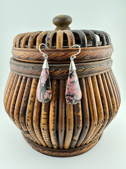 Pink panther rhodonite long tear earrings