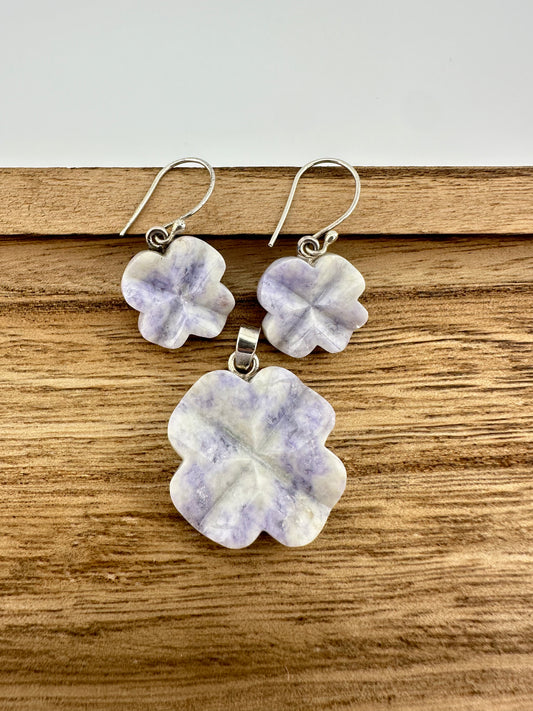 Lavender Jade earrings & pendant flower set