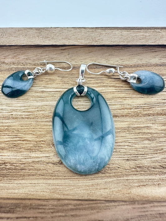 Grayed blue Jade earring and pendant set
