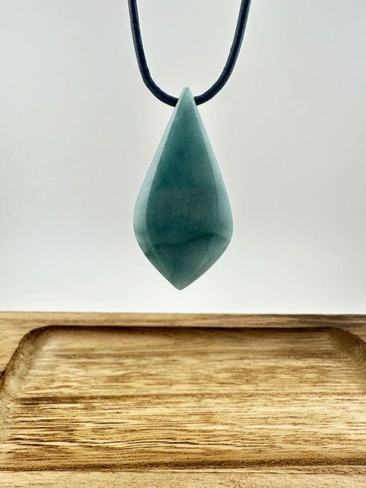 Grayed blue and green Jade tear pendant with leather necklace